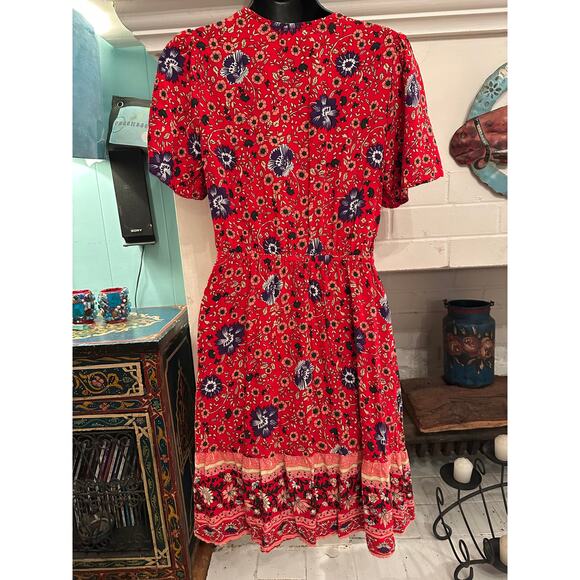 LEANI BOHO BORDER PRINT DRAWSTRING WAIST RAYON DRESS S - Picture 2 of 8